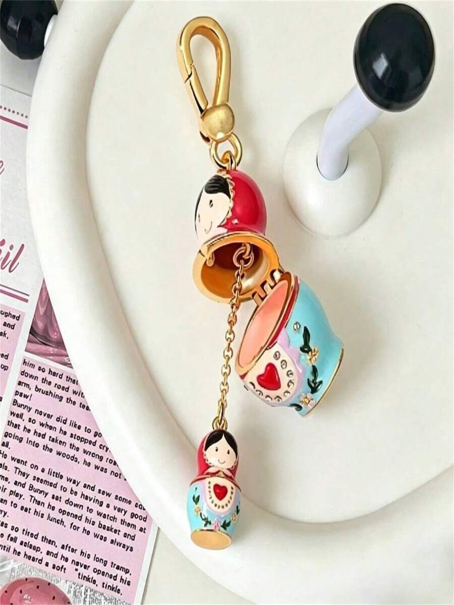 1pc Openable Matryoshka Doll Keychain, Enamel Russian Doll Bag Charm, Cute Folk Style Gold Key Ring Accessory - Multicolor - View 1