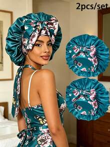 2pcs Women's Floral Print Bow Decor Satin Hair Cap, Soft Elastic Band, Silky Smooth Hair Protection Night Cap, Suitable For Daily Home, Vacation, Travel Use - 2pcs - View 28
