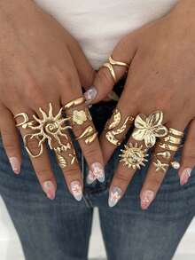 14/8/6pcs Bohemian Elegant Fashion Old Money Style Sunflower Floral Geometric Faux Pearl Ring Set Beach Vacation Daily Women Accessories - Yellow Gold - View 4