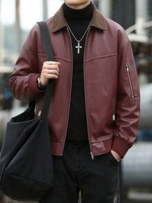 American Style Men's Jacket, Versatile Motorcycle Outerwear For Autumn/Winter - Burgundy - View 1