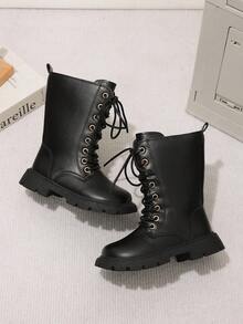 1 Pair Spring/Autumn New Casual Fashion Warm Comfortable Round Toe Mid-Calf Side Zipper Design Girls Boots, Classic Boots - Black - View 5