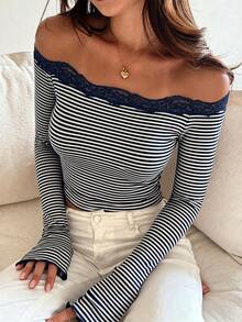 French Minimalist Sexy Style Striped Off-Shoulder Top For Women, Lace Trim Fitted Long Sleeve T-Shirt - Blue and White - View 4