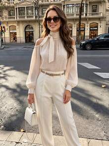 Polka Dot Print Open Shoulder Tie-Up Chiffon Blouse, Summer Vacation White - White - View 3