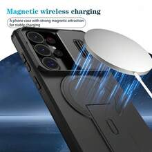 可折疊支架手機殼，附可滑動相機蓋，相容 Galaxy S26Ultra S25Ultra S24Ultra S23Ultra S22Ultra /A17/A26/A36/A55/A37/A57/A56/A16，適用 S24/S24 FE/S25/S25/S25 FE 及 8 9 10 A PRO，磨砂質感防震保護手機殼，可滑蓋手機殼，時尚手機殼，手機配件，夏季禮物 - 黑色 - 查看 3