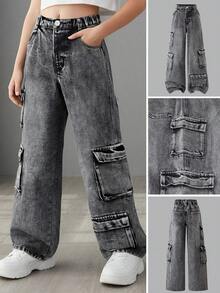 Teen Girls Dark Gray Multi-Pocket Cargo Denim Loose Straight Wide Leg Pants, All-Season Fashion Style - Black - View 3