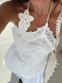 Camellia Summer New Women's European And American Style Fashion Sexy Design Versatile Halter Neck Floral Asymmetric Top White - White - View 4