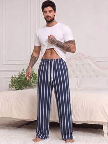 Men's Summer Crew Neck Casual T-Shirt And Casual Long Pants Loungewear Set - White - View 1