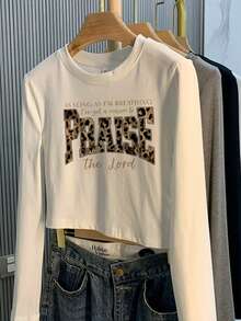 Early Autumn Spicy Girl Style Leopard Print Large Letter Short Long Sleeve Top, Round Neck Slim Fit Cropped T-Shirt, Flattering For Petite - White - View 4