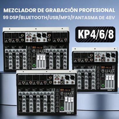 La mesa de mezclas profesional de  4 canales de la serie KP cuenta con Bluetooth, 99 DSP, interfaz de audio USB y función de grabación MP3. Se puede conectar a una fuente de alimentación de 12 V para automóviles y es ideal para actuaciones al aire libre, retransmisiones en directo, eventos escolares