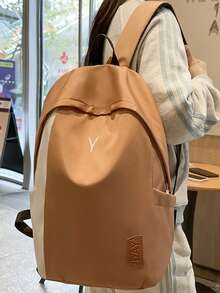 Dedoo Colorblock Zipper Backpack, Letter Embroidery & Label Details, Large Capacity, Student School Bag, Suitable For College Campus, Back To School Season Student Backpack - Brown - View 5