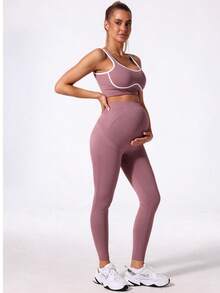 Maternity Seamless High Waist Stretch Solid Color Leggings, Suitable For Daily Casual Wear - Baby Pink - View 3