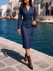 ROSIE POPHUB Women Blue V Neck Long Sleeve Faux Denim Elegant Midi Dress Ruched Waist Slim Fit Work Daily Going-Out Shirt Dress For Fall & Winter - Blue - View 4