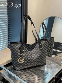 Women's Shoulder Tote Bag, All-Over M Letter Pattern, Durable Composite Fabric, Large Capacity, Campus Bag, Suitable For University Campus - Black - View 3