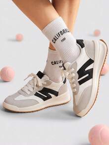 TCVC Color Block Stripe Decor Lace Up Sneakers, Retro Platform Low Top Casual Trainers, Women's Daily Walking Sports Shoes - Black - View 1