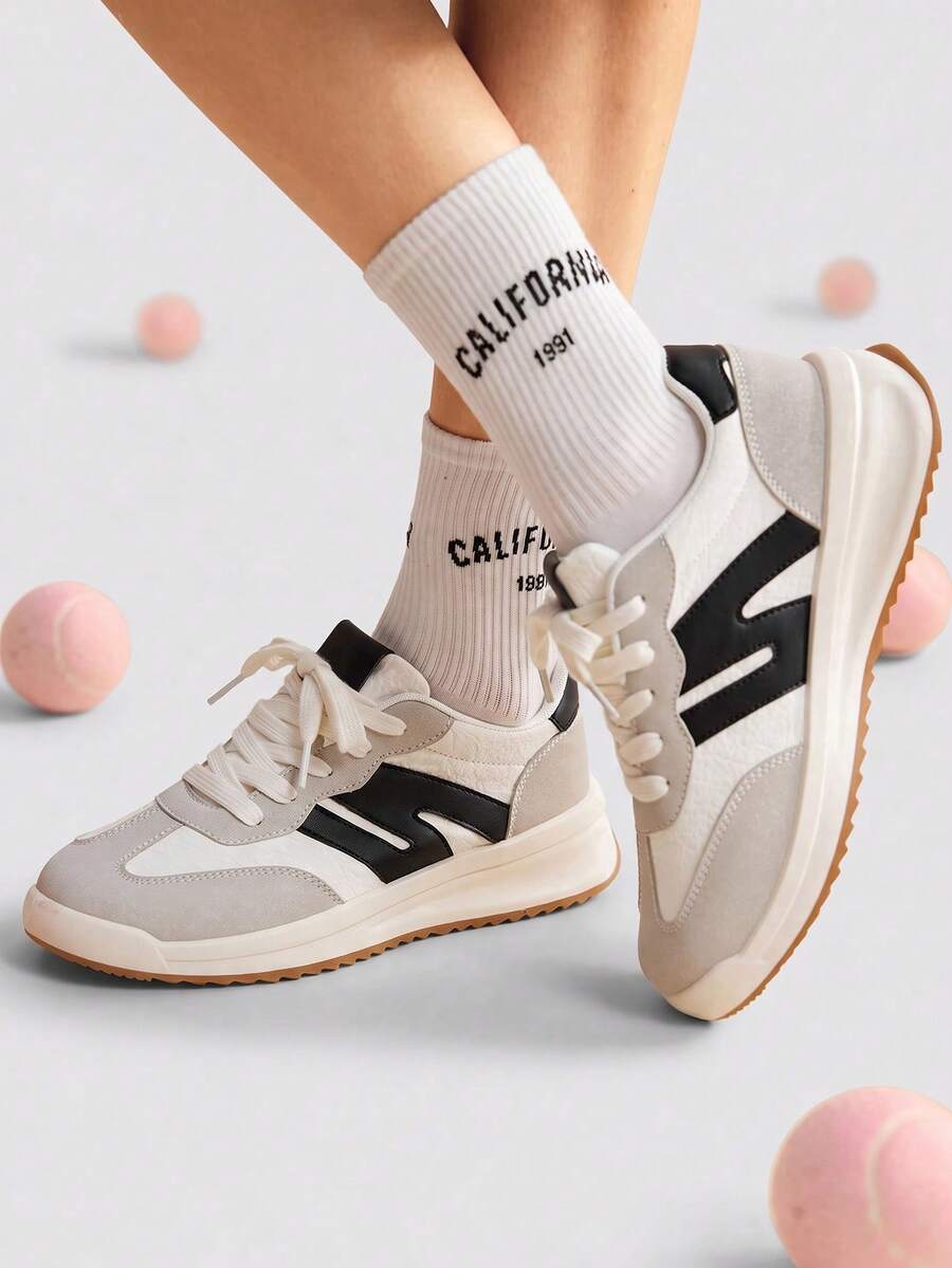 TCVC Color Block Stripe Decor Lace Up Sneakers, Retro Platform Low Top Casual Trainers, Women's Daily Walking Sports Shoes - Black - View 1