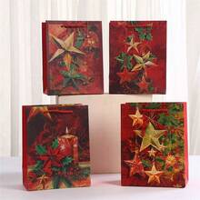 34/68/102pcs Vintage Red Christmas Star Gift Paper Bags With Handles, Poinsettia Candle Xmas Holiday Gift Wrapping Bags, Includes Christmas Stickers - Multicolor - View 9
