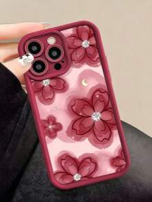 1pc Creative Personalized Burgundy Diamond Star Moon Floral Love Pattern Gift For Mother; Frosted Eye Frame Compatible With Apple 7/8/X/XR/XSMAX/11/12/13/14/15/16/17Promax - Burgundy - View 3