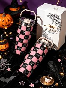 1pc/5pcs 30oz Pink Plaid Halloween Stainless Steel Insulated Tumbler With Handle And Straw, Bat, Pumpkin And Witch Element Print Design, Perfect Birthday And Holiday Gift, Leak-Proof Flip Lid, Suitable For Travel, Work, Fitness And Daily Outdoor Use - Multi-color - Pink and Black Plaid - View 1