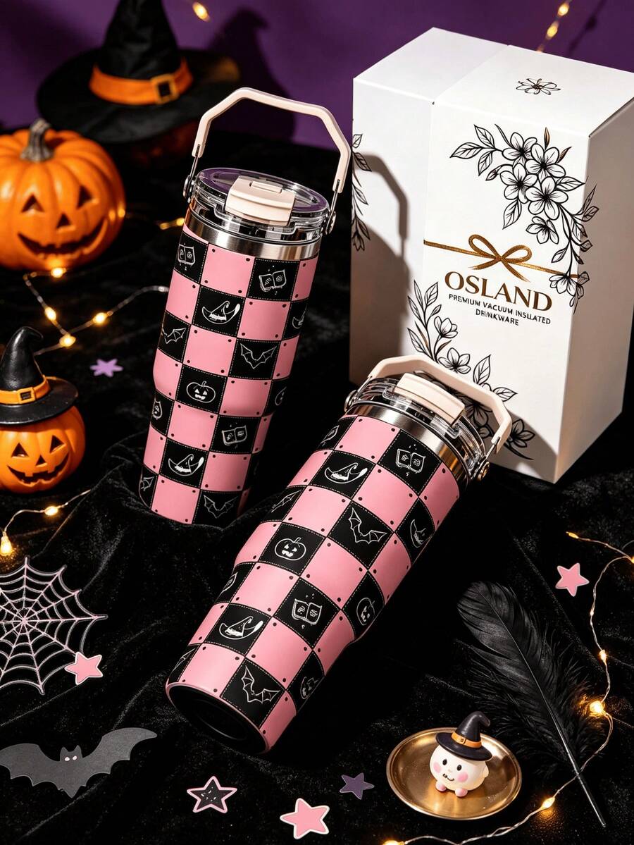 1pc/5pcs 30oz Pink Plaid Halloween Stainless Steel Insulated Tumbler With Handle And Straw, Bat, Pumpkin And Witch Element Print Design, Perfect Birthday And Holiday Gift, Leak-Proof Flip Lid, Suitable For Travel, Work, Fitness And Daily Outdoor Use - Multi-color - Pink and Black Plaid - View 1