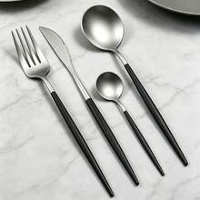 4/16/24pcs Stainless Steel Matte Cutlery Set Knife Fork Spoon Dessert Spoon Suitable For Home Kitchen Hotel Restaurant Gift - Silver + Black - View 3