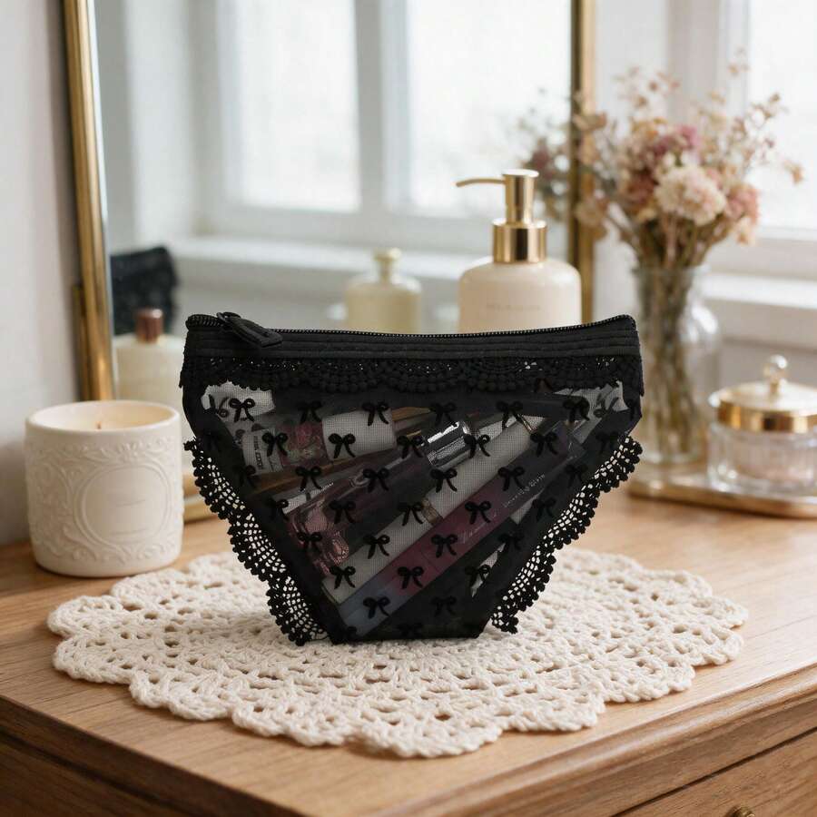Black Mesh Makeup Bag, Personalized Women's Bow Knot Pattern Storage Bag, Convenient Toiletry Bag, Suitable For Travel And Daily Use, Gift - Black - View 1