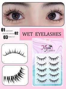 10pcs Cartoon Wet Look False Eyelashes, One-Piece Grafting Effect, Transparent Thin Stem, Dense & Curly, Reusable For Beginners - Black - View 5