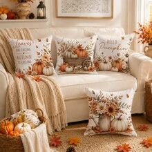 Autumn Vintage Pumpkin Floral Cushion Cover 4pcs Set, Single-Sided Printed Peach Skin Velvet Polyester Material, 45*45CM/18*18inch Pillowcase Suitable For Room Decoration, Modern Minimalist Sofa Living Room Decor, Gift Giving, Party Decoration - Multicolor - View 5