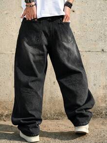 1 buah Celana Jeans Pria Model Longgar Kaki Lebar Gaya Vintage, Tidak Melar, Cocok untuk Pakaian Kasual dan Kerja - Hitam - View 2