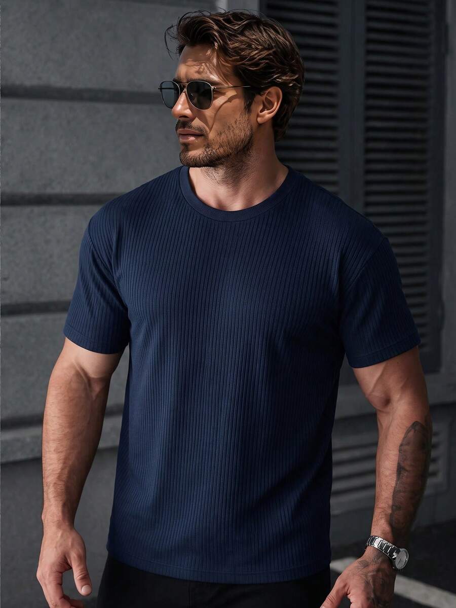 1pc Men's Casual Solid Color Round Neck Short Sleeve T-Shirt - Navy Blue - View 1