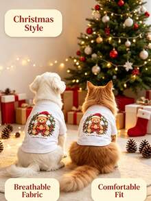 1Pc Xmas Festive Print Pet Tops, Lightweight Breathable Casual Clothes For Dogs & Cats Holiday Dress Up - Multicolor - View 3