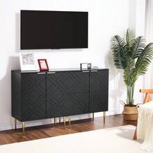 Modern Sideboard Buffet Cabinet – Black & White Storage With Adjustable Shelves, 2 Embossed Doors, Gold Metal Legs, Multipurpose For Dining, Kitchen, Living Room - Black - View 5