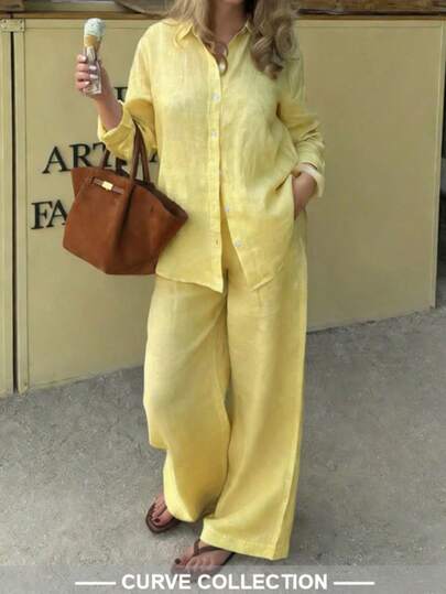Women's Plus Size Yellow 2 Pieces Set, Solid Color Casual Long Sleeve Lapel Shirt Top And Loose Wide Leg Pants, Suitable For Outings, Vacations And Back To School Fashion Daily Wear