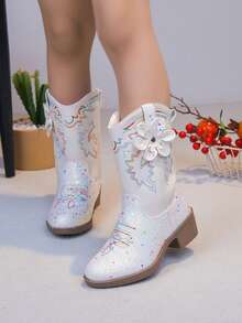 Girls' Shiny Sequin Embroidered Western Mid-Calf Boots, Sweet Autumn/Winter Party Dress-Up Boots - Beige - View 4
