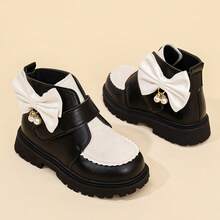 1 Pair Girls' Ankle Boots, Black And White Color Block, Scalloped Edge Stitching, White Bow With Pearl Pendant, Wide Hook And Loop Strap, Thick Textured Sole, Children's Boots, Suitable For Autumn/Winter, Daily, School, Party, Holiday Performance - Black and White - View 5