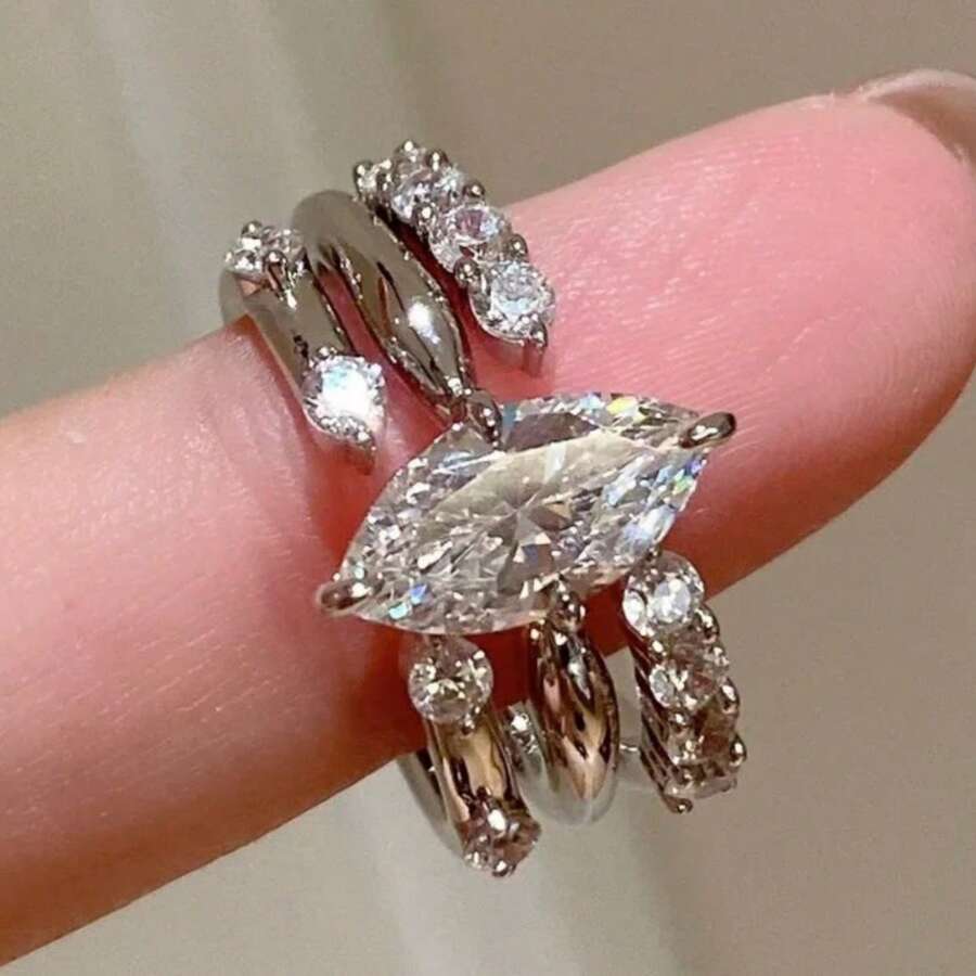 3PCS Exquisite Marquise Zirconia Multi-Layer Stackable White Gold Plated Rings, Luxury Women's Adjustable Engagement Ring Set - Silver - View 1