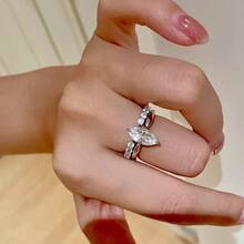 3PCS Exquisite Marquise Zirconia Multi-Layer Stackable White Gold Plated Rings, Luxury Women's Adjustable Engagement Ring Set - Silver - View 4