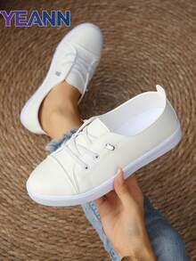 Sepatu Sneakers Wanita Terbaru Musim Semi/Gugur, Nyaman, Ringan, Serbaguna, Bertali, Ujung Bulat, Bahan Kain Putih - Putih - View 1