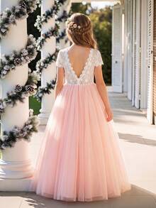 Tween Girl Colorblock Lace Contrast Mesh Backless Short Sleeve Dress Flower Girl Wedding Party Evening Gown - Pink - View 7