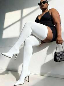 1pc Elastic Thigh-High Socks, Soft & Comfortable Velvet Sheer Stockings, Sexy Leg Shaping Knee-High Socks, Versatile For Spring/Summer - White - View 3