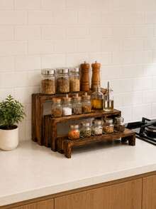 4pcs Vintage Double Layer Wooden Wall Shelves - Rustic Style Wall-Mounted Display Racks, Space-Saving Storage Shelves For Kitchen, Bedroom, Living Room Decor - Multicolor - View 2