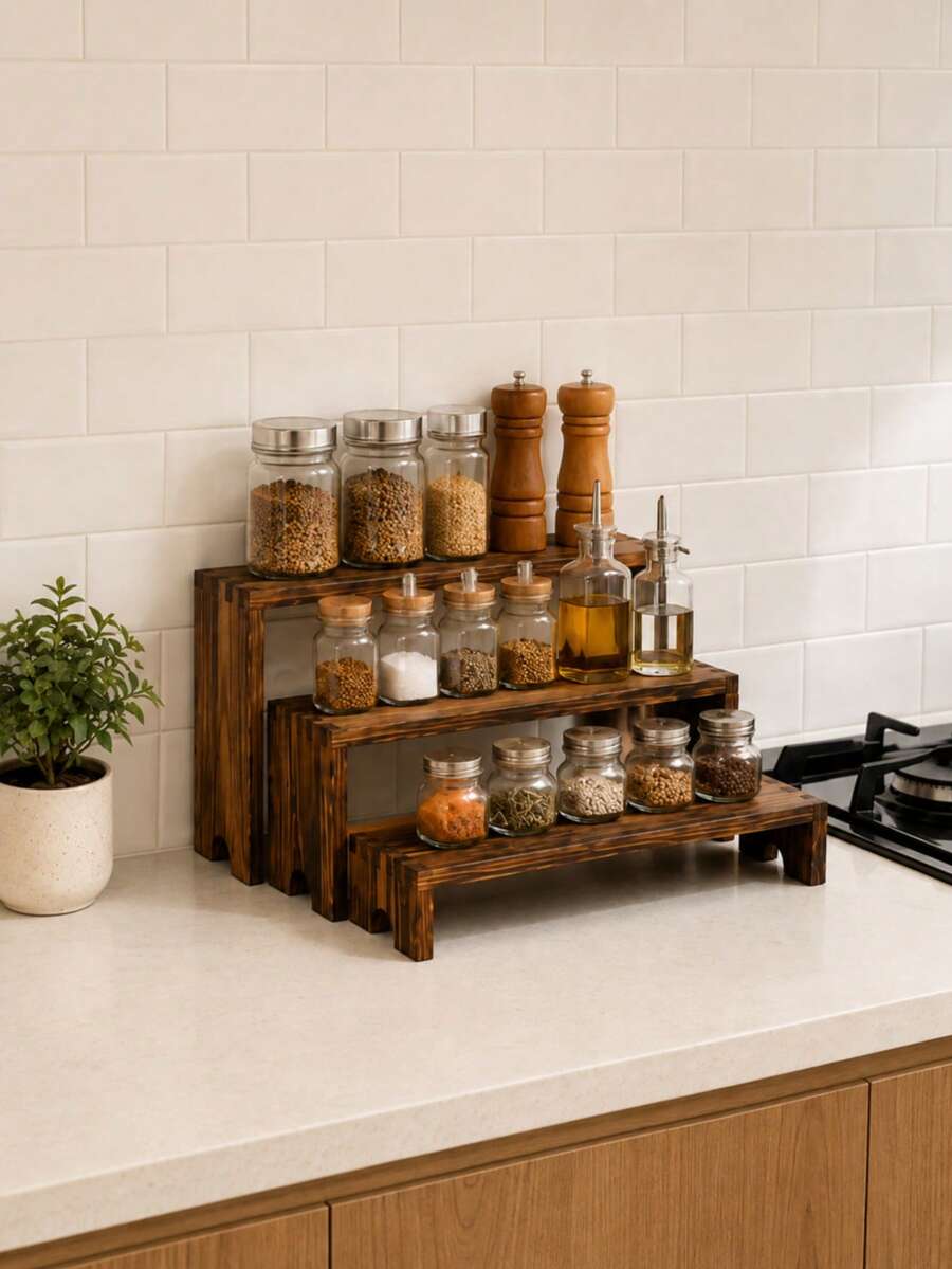 4pcs Vintage Double Layer Wooden Wall Shelves - Rustic Style Wall-Mounted Display Racks, Space-Saving Storage Shelves For Kitchen, Bedroom, Living Room Decor