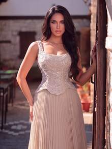 Faeriesty Luxury Elegant Beaded & Sequined Pleated Long Formal Evening Gown Party Wedding Fall - Champagne - View 3