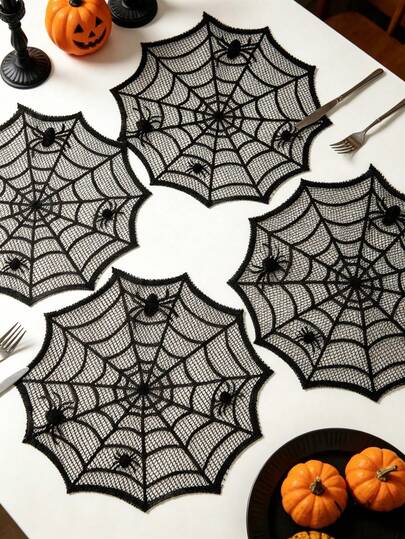 4pcs/1pc Black Lace Spider Web Table Runner, Halloween Party Table Decor, Happy Halloween Decoration, Ghost Festival Decor, Halloween Candy House Decoration, Tabletop Centerpiece Decor, Spooky Tableware, Spider Web Pattern Decor, Holiday Table Accessories, Home Kitchen Dining Room Decor, Halloween Essentials, Day Of The Dead Decor, Trick Or Treat Decoration, Party Supplies, Autumn Decor