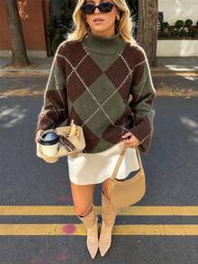 Women's Autumn/Winter Jacquard Knit Pullover Sweater, Olive Green, Back To School Season Color Block Patchwork Diamond Pattern, Old Money Style - Multicolor - View 3