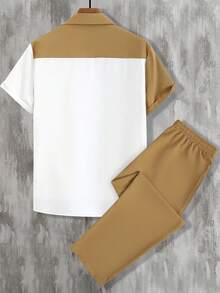 Spring/Autumn Mature Style Colorblock Vertical Stripe Short Sleeve Single-Breasted Fitted Shirt With Elastic Waist Loose Long Pants Solid Color 2 Pieces Set, Urban Casual Commute, Smooth Polyester Woven Fabric - Yellow - View 10