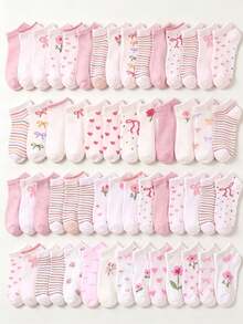 5/10/20 Pairs Random Style Halloween Bowknot Floral Striped Heart Pattern Girls Short Socks, Back To School Season Children Socks, Soft Elastic Breathable School Socks - Multicolor - View 2