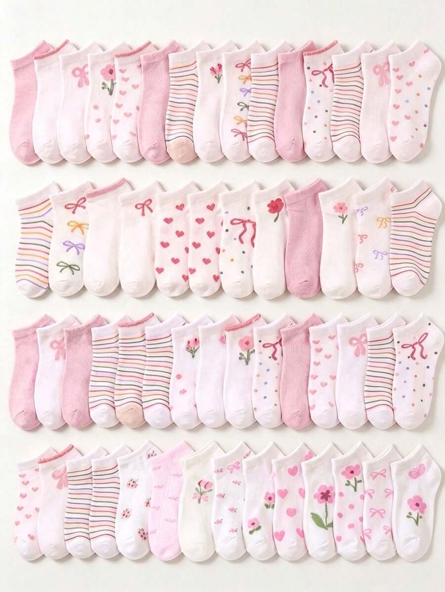 5/10/20 Pairs Random Style Halloween Bowknot Floral Striped Heart Pattern Girls Short Socks, Back To School Season Children Socks, Soft Elastic Breathable School Socks - Multicolor - View 1