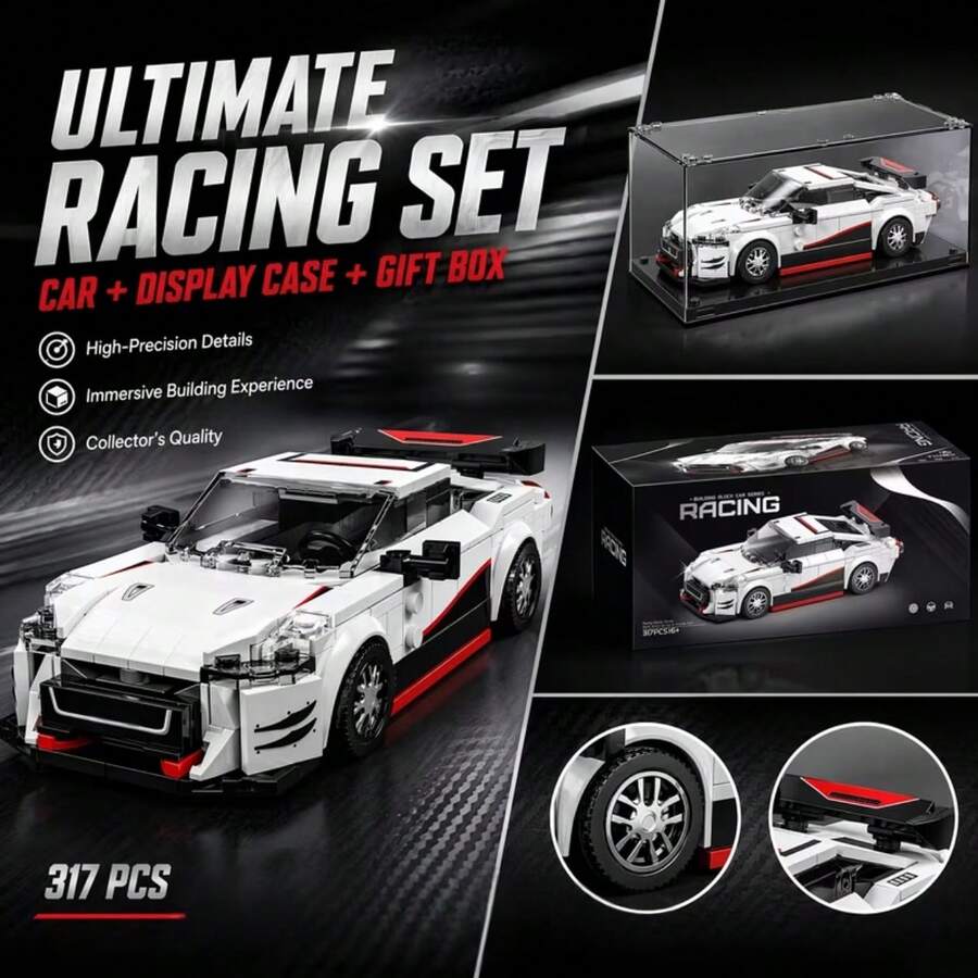 317pcs White Building Block Car Set, Adult Puzzle Creative Toy, Boys DIY Car Model Kit, Car Model Kit, With Acrylic Transparent Dustproof Square Box, Suitable As Birthday, Halloween, Christmas Gift, Also For Collection And Home Decor.