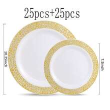 1/20/25/50pcs Luxury Gold Floral Hollow Rim Round Plate Set, Large Capacity Stackable Packaging, Elegant Gold Hollow Lace Design, Great For Photography And Atmosphere, Suitable For Theme Parties, Outdoor Gatherings, Store Events, Home Dinners, Bulk Purchase Party Decoration Plates - White With Gold Trim - View 16