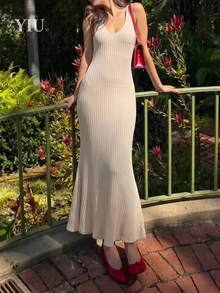 YIU Women's Sleeveless Ribbed Knit Long Dress, Slim Fit Maxi Style, Medium Stretch, Regular Hem - Apricot - View 3